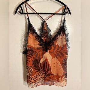 A La Plage Tropical Print Lace Trim Cami Top